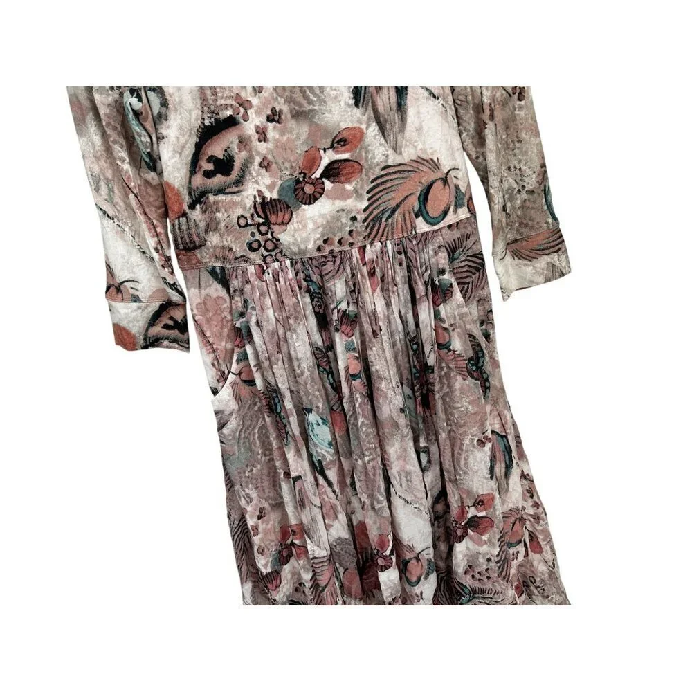 Peruvian Connection Floral Print Dress Long Sleeve Pleated Lined Bodice & 3/4 S